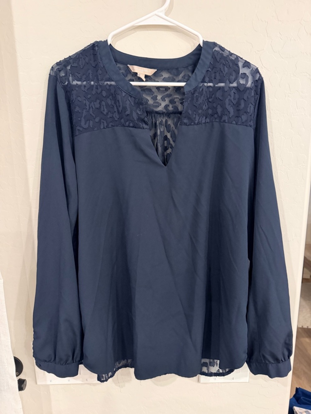 Banana Republic Navy Blue Long-Sleeve Blouse with Lace Yoke sheer back